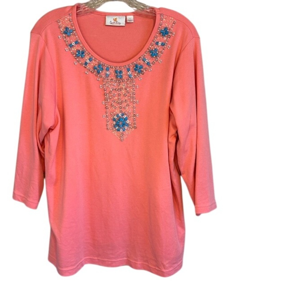 Quacker Factory Women's Coral Peach 3/4 Sleeve Sequin Embellish Tunic Blouse LG